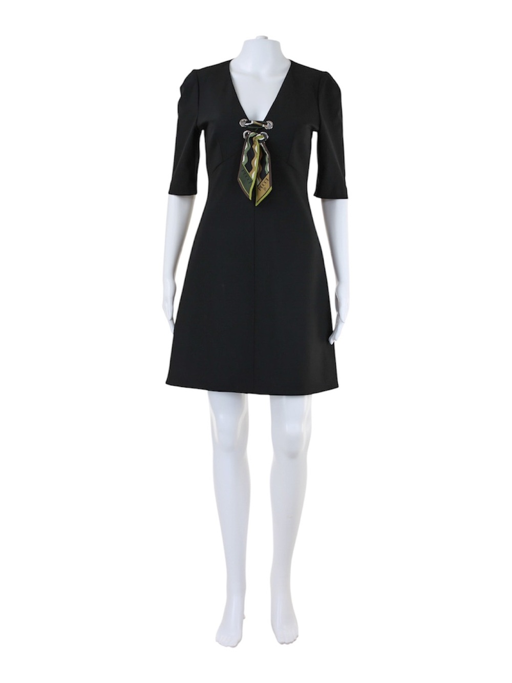 Pucci Black V-Neck Mini Dress with Decorative Scarf Accent